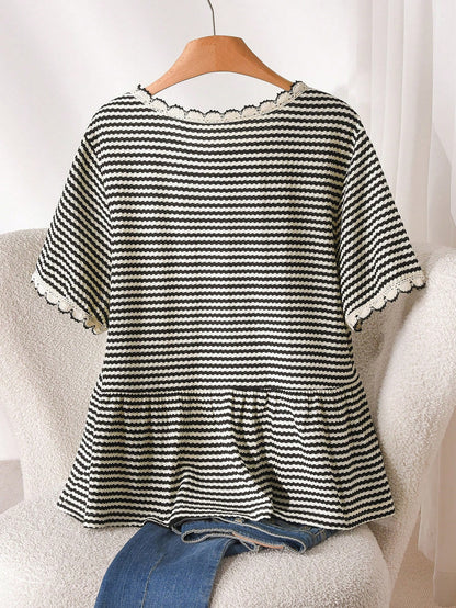 CosyJoli Plus Size Women Black And White Loose Short Sleeve Top, Casual Frenchy Elegant Women Clothing, Going Out Office Concert Tops Summer