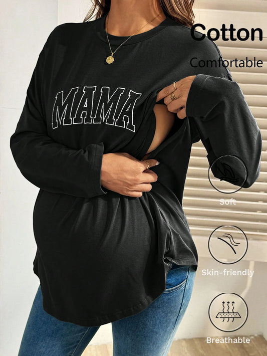 Cotton Nursing Sweatshirt For New Moms,Mama Letter Pattern Round Neck Long Sleeve Breastfeeding Shirt,Black And White,Summer,Casual,Elegant,Everyday