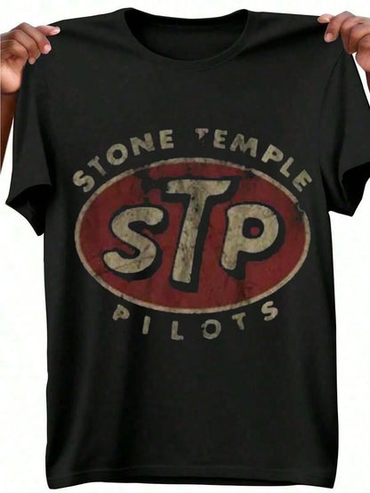 Cotton T-Shirt Vintage Stone Temple Pilot Novelty Print Vintage Casual Breathable Short Sleeve T-Shirt Ideal Gift Pilot Pattern Gift--Round Neck Loo
