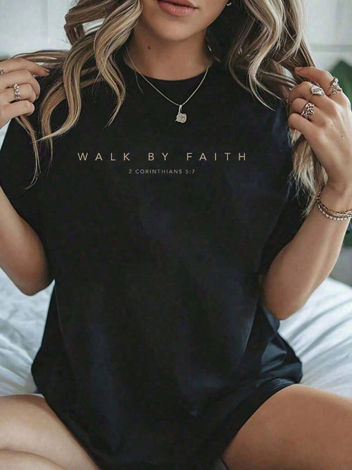 % Cotton Walk By Faith Christian Bible Verse (Front And Back Design)-Shirt Summer Tops Women2026