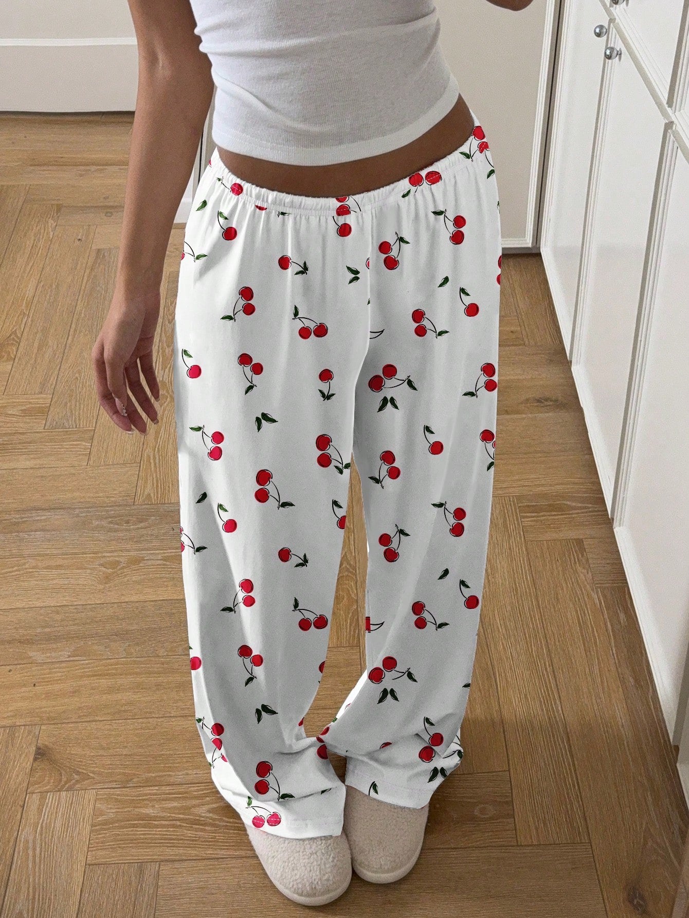 CovetEZ Casual Minimalist Low Waist Straight Leg Pants For Women, Suitable For Summer, Home Wear, Cherry Print, Cute