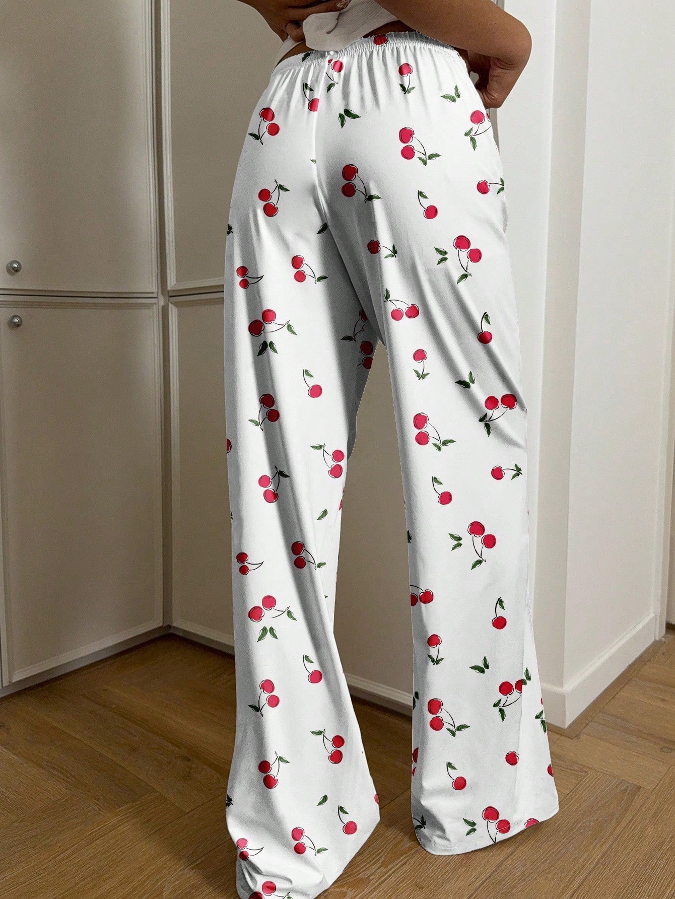 CovetEZ Casual Minimalist Low Waist Straight Leg Pants For Women, Suitable For Summer, Home Wear, Cherry Print, Cute