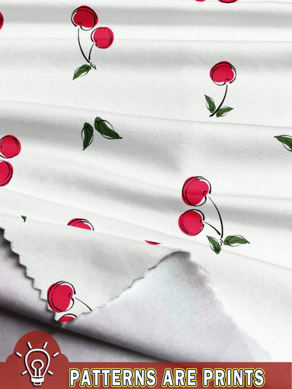 CovetEZ Casual Minimalist Low Waist Straight Leg Pants For Women, Suitable For Summer, Home Wear, Cherry Print, Cute