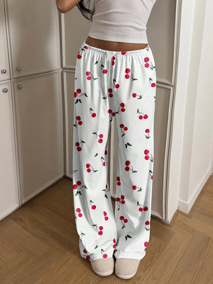 CovetEZ Casual Minimalist Low Waist Straight Leg Pants For Women, Suitable For Summer, Home Wear, Cherry Print, Cute