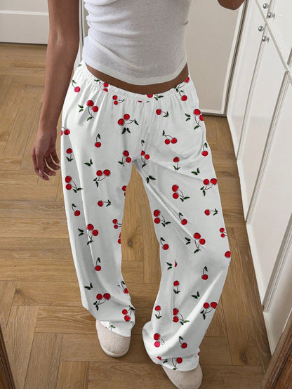 CovetEZ Casual Minimalist Low Waist Straight Leg Pants For Women, Suitable For Summer, Home Wear, Cherry Print, Cute