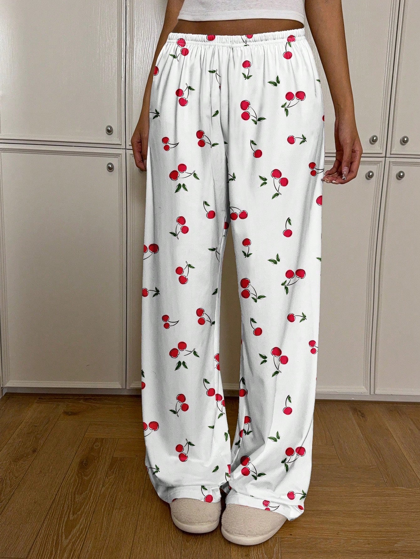CovetEZ Casual Minimalist Low Waist Straight Leg Pants For Women, Suitable For Summer, Home Wear, Cherry Print, Cute