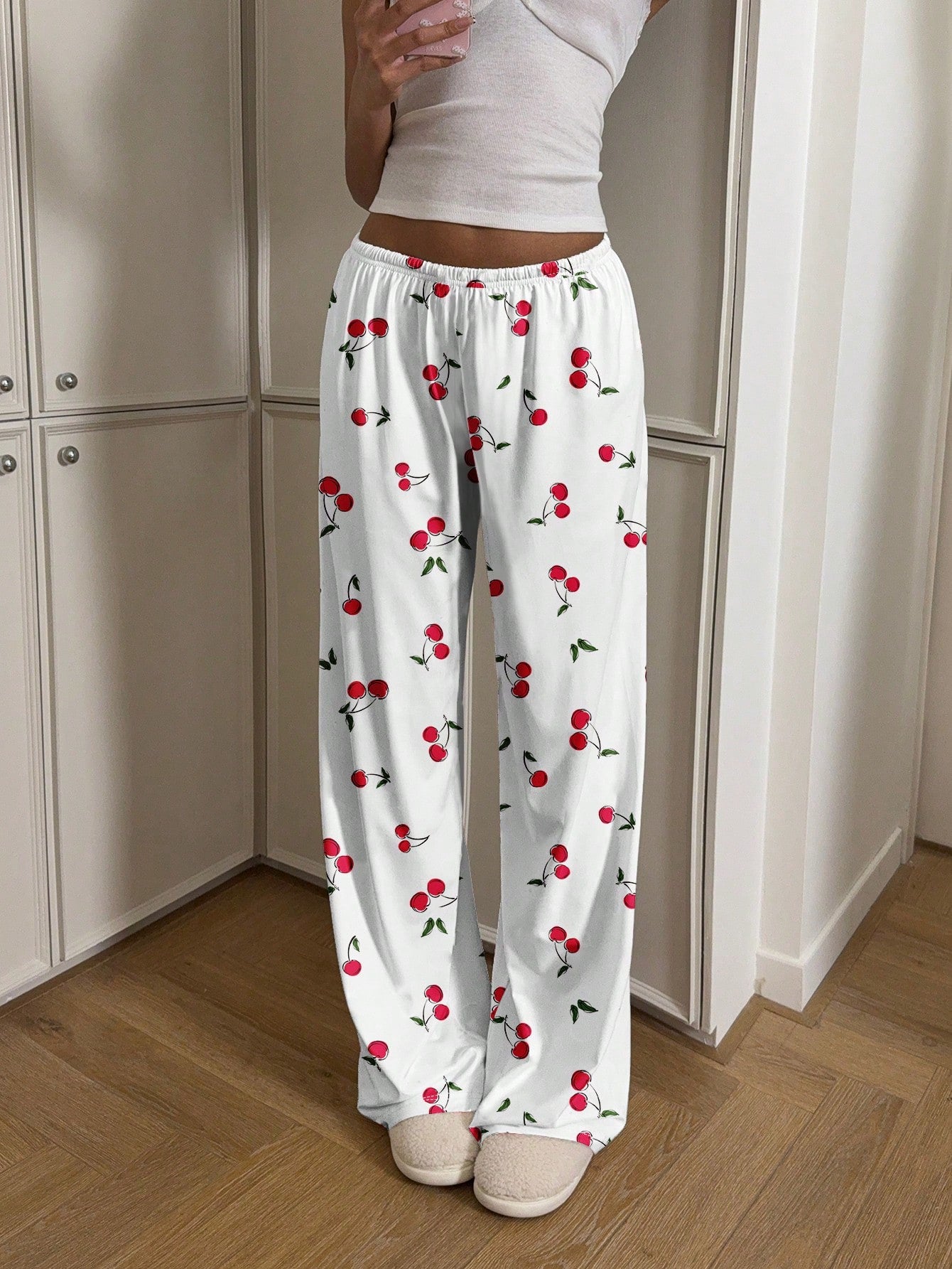 CovetEZ Casual Minimalist Low Waist Straight Leg Pants For Women, Suitable For Summer, Home Wear, Cherry Print, Cute