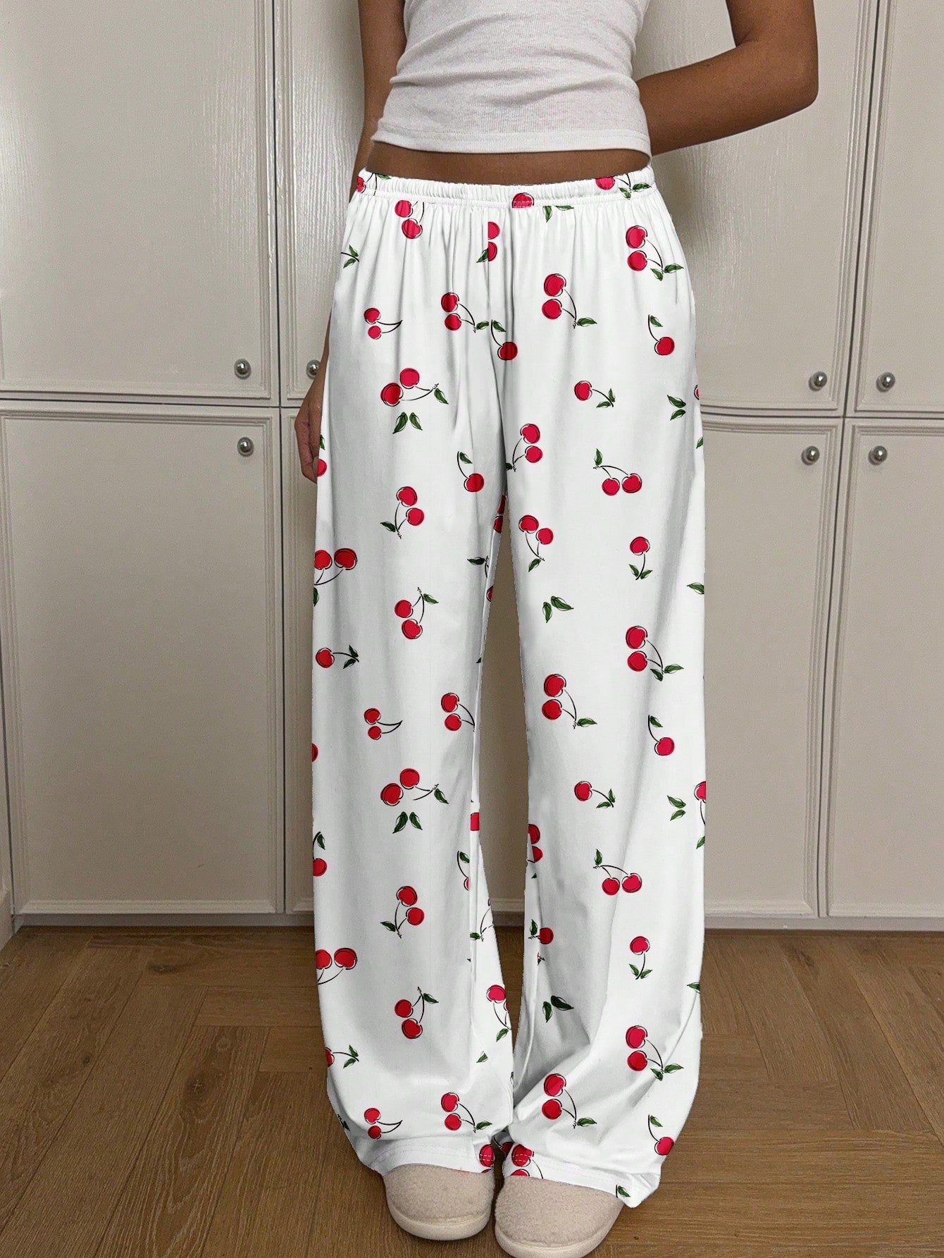 CovetEZ Casual Minimalist Low Waist Straight Leg Pants For Women, Suitable For Summer, Home Wear, Cherry Print, Cute