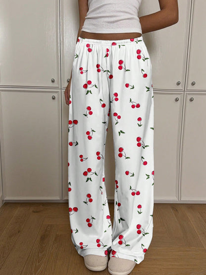 CovetEZ Casual Minimalist Low Waist Straight Leg Pants For Women, Suitable For Summer, Home Wear, Cherry Print, Cute