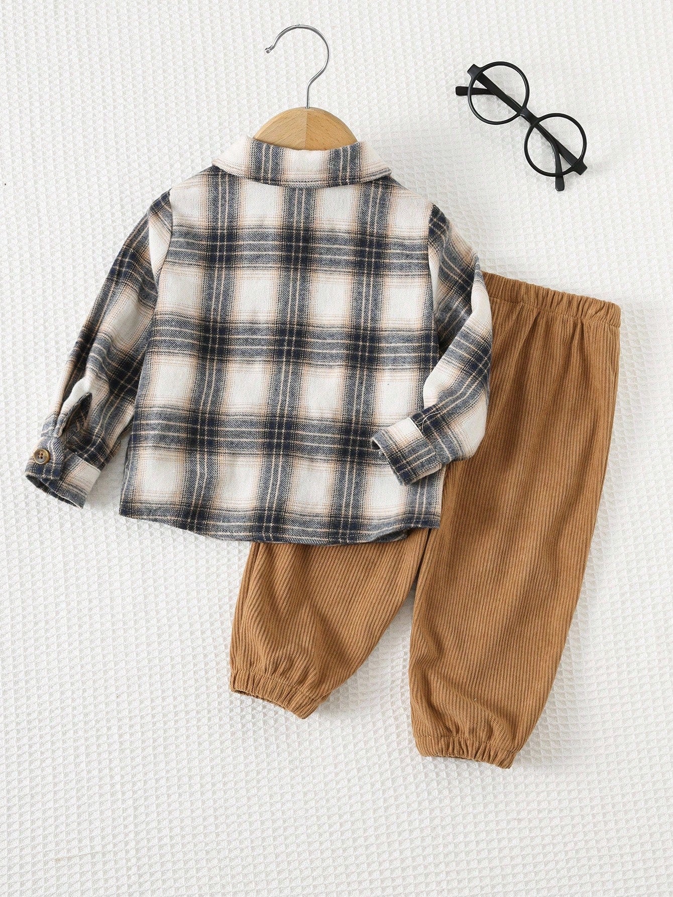 Cozy Pixies 2pcs Baby Boy Colorful Plaid Collar Contrast Pocket Long Sleeve Cardigan & Solid Elastic Waist Ankle Pants Set