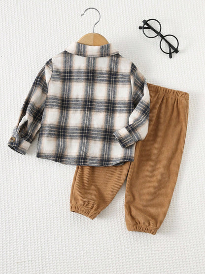 Cozy Pixies 2pcs Baby Boy Colorful Plaid Collar Contrast Pocket Long Sleeve Cardigan & Solid Elastic Waist Ankle Pants Set