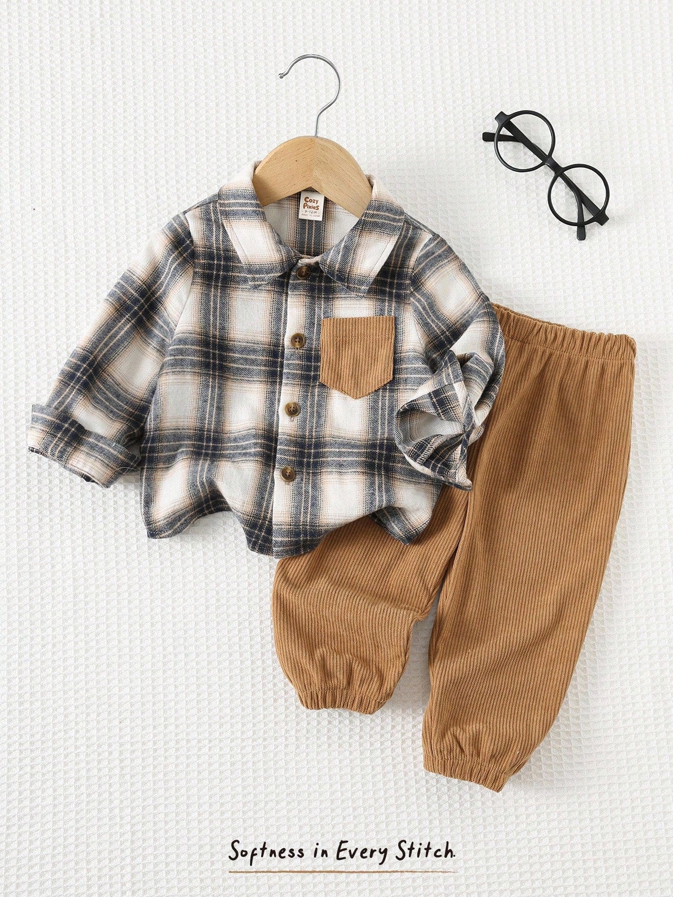 Cozy Pixies 2pcs Baby Boy Colorful Plaid Collar Contrast Pocket Long Sleeve Cardigan & Solid Elastic Waist Ankle Pants Set