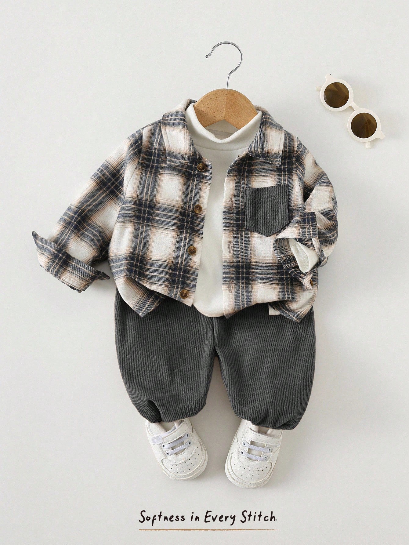 Cozy Pixies 2pcs Baby Boy Colorful Plaid Collar Contrast Pocket Long Sleeve Cardigan & Solid Elastic Waist Ankle Pants Set