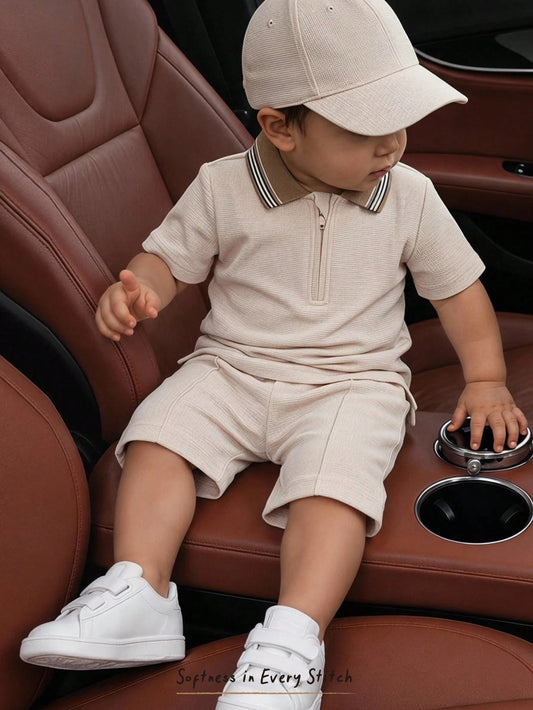 Cozy Pixies 2pcs Baby Boy Soft Knit Polo Collar Short Sleeve Henley Top And Elastic Waist Shorts Set