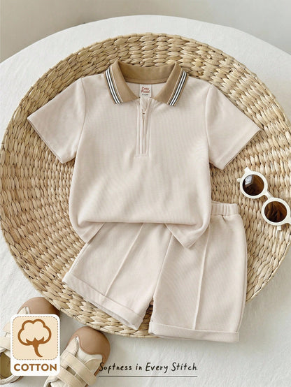 Cozy Pixies 2pcs Baby Boy Soft Knit Polo Collar Short Sleeve Henley Top And Elastic Waist Shorts Set