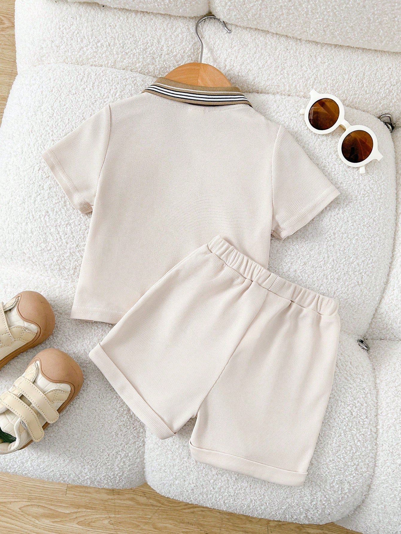 Cozy Pixies 2pcs Baby Boy Soft Knit Polo Collar Short Sleeve Henley Top And Elastic Waist Shorts Set