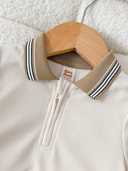 Cozy Pixies 2pcs Baby Boy Soft Knit Polo Collar Short Sleeve Henley Top And Elastic Waist Shorts Set