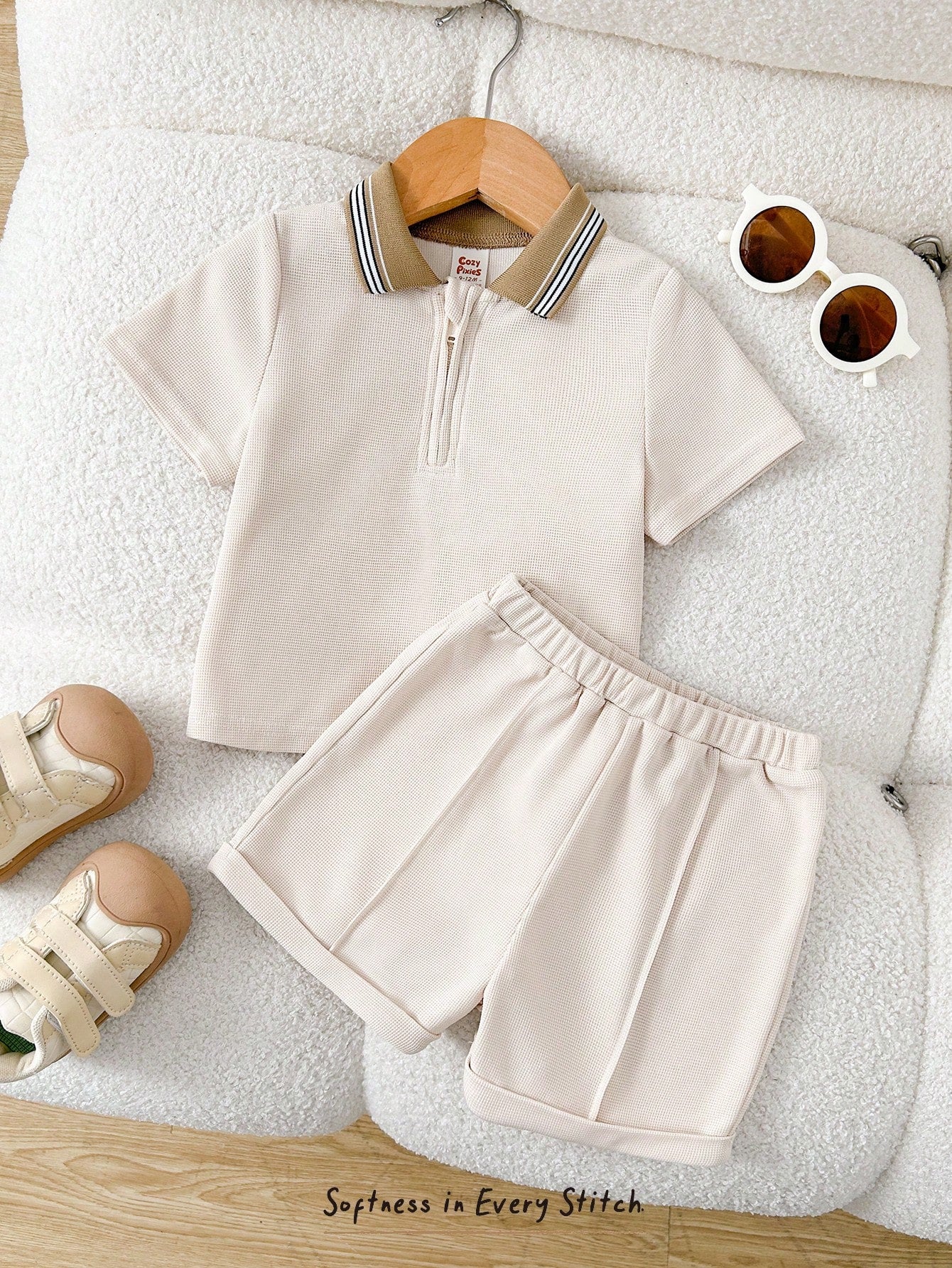 Cozy Pixies 2pcs Baby Boy Soft Knit Polo Collar Short Sleeve Henley Top And Elastic Waist Shorts Set