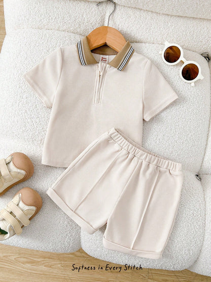 Cozy Pixies 2pcs Baby Boy Soft Knit Polo Collar Short Sleeve Henley Top And Elastic Waist Shorts Set