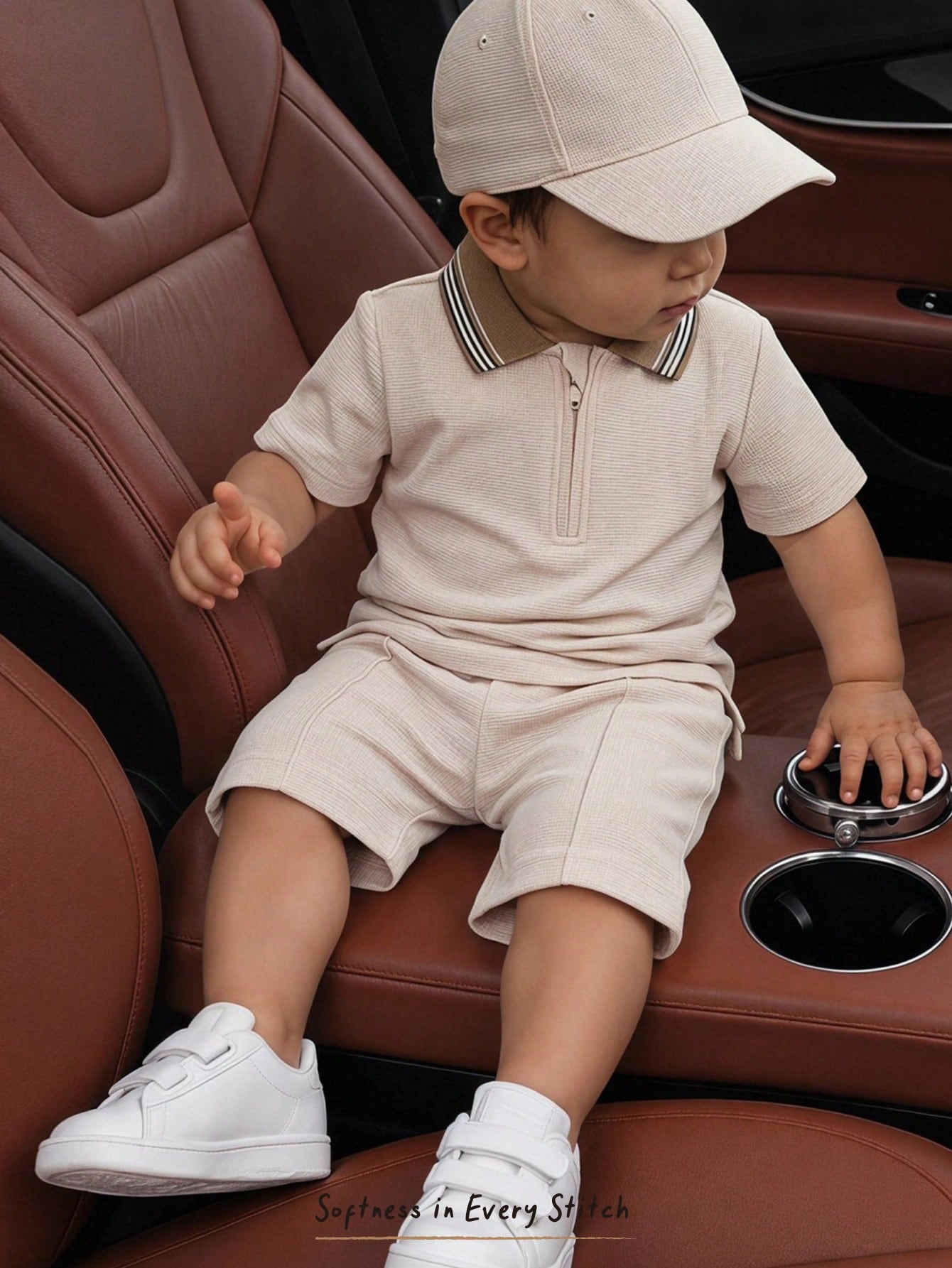 Cozy Pixies 2pcs Baby Boy Soft Knit Polo Collar Short Sleeve Henley Top And Elastic Waist Shorts Set