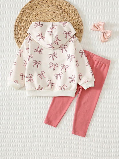 Cozy Pixies Baby Girl Cartoon Cat Leopard Print Bow Pattern Knitted Soft Hooded Long Sleeve Pullover Sweatshirt Elastic Waist Long Pants 2 Pieces Set