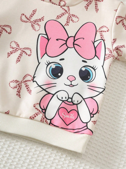 Cozy Pixies Baby Girl Cartoon Cat Leopard Print Bow Pattern Knitted Soft Hooded Long Sleeve Pullover Sweatshirt Elastic Waist Long Pants 2 Pieces Set