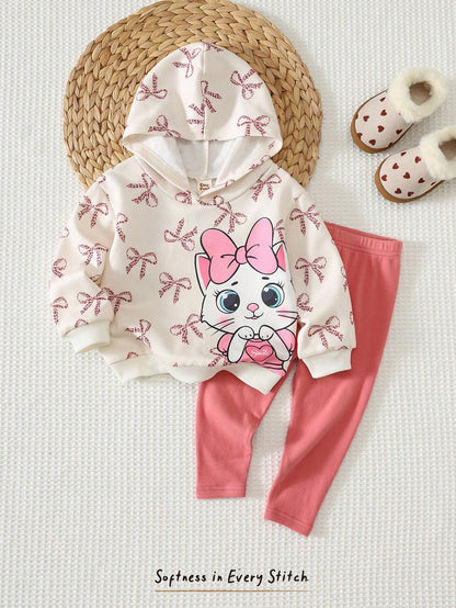 Cozy Pixies Baby Girl Cartoon Cat Leopard Print Bow Pattern Knitted Soft Hooded Long Sleeve Pullover Sweatshirt Elastic Waist Long Pants 2 Pieces Set