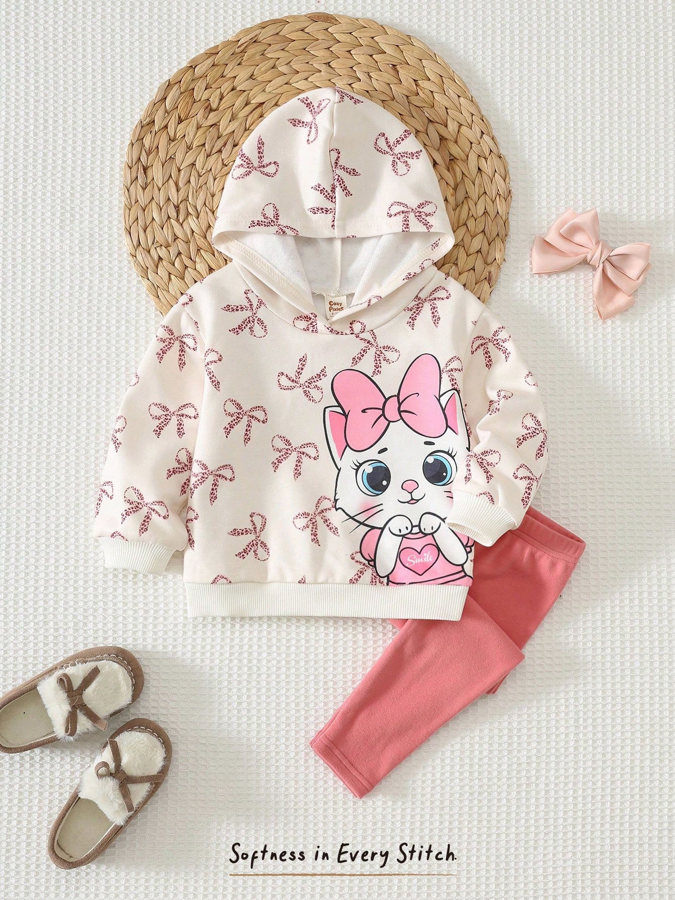 Cozy Pixies Baby Girl Cartoon Cat Leopard Print Bow Pattern Knitted Soft Hooded Long Sleeve Pullover Sweatshirt Elastic Waist Long Pants 2 Pieces Set