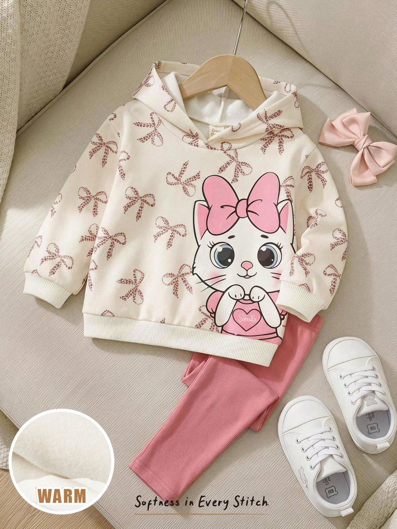Cozy Pixies Baby Girl Cartoon Cat Leopard Print Bow Pattern Knitted Soft Hooded Long Sleeve Pullover Sweatshirt Elastic Waist Long Pants 2 Pieces Set