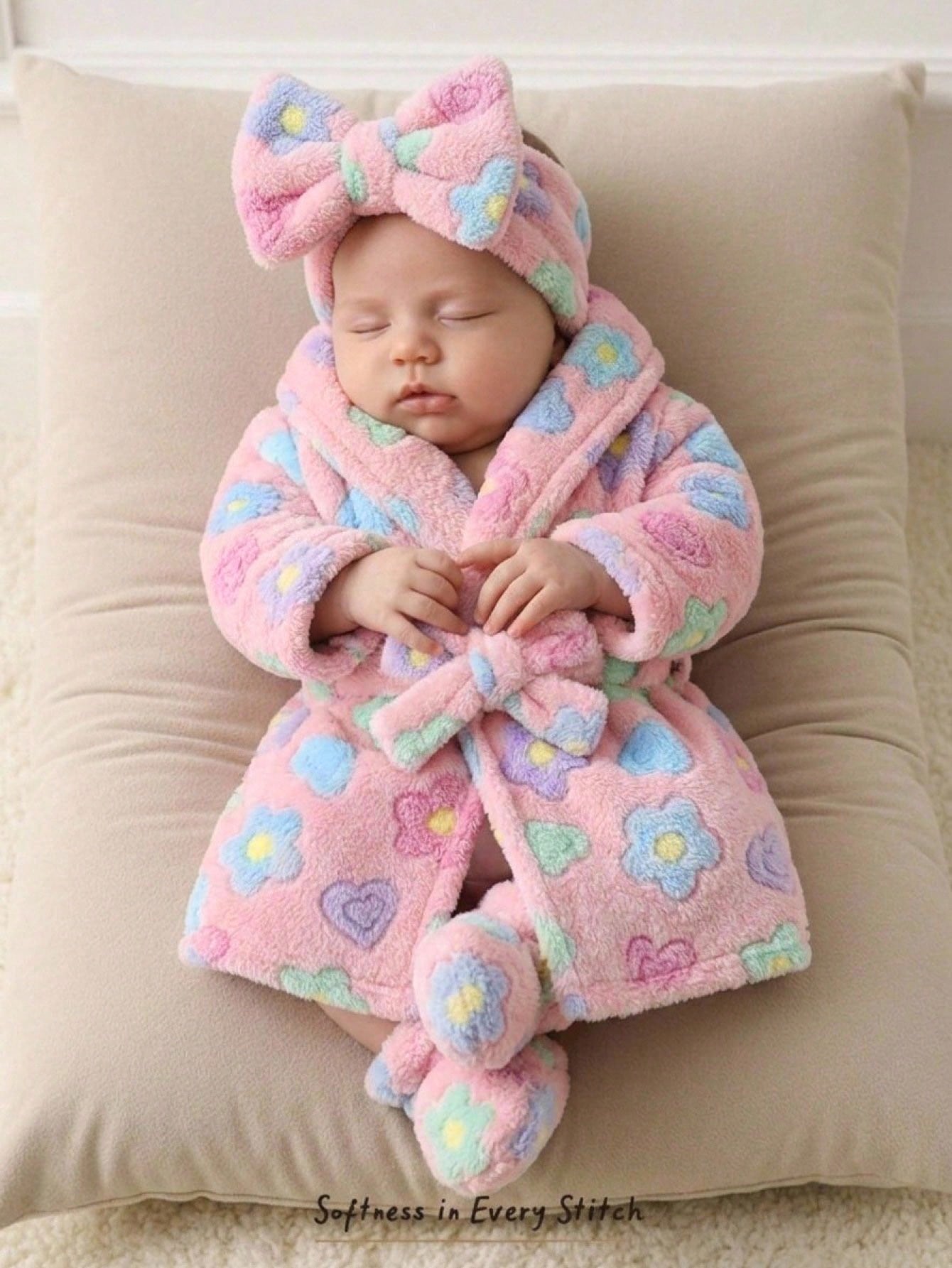 Cozy Pixies Newborn Baby Girl Thermal Lined Thick Crew Neck Long Sleeve Tie Front Robe, Versatile And Comfortable Autumn Winter