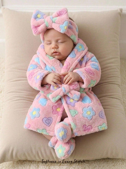 Cozy Pixies Newborn Baby Girl Thermal Lined Thick Crew Neck Long Sleeve Tie Front Robe, Versatile And Comfortable Autumn Winter