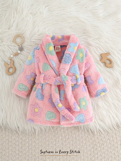 Cozy Pixies Newborn Baby Girl Thermal Lined Thick Crew Neck Long Sleeve Tie Front Robe, Versatile And Comfortable Autumn Winter