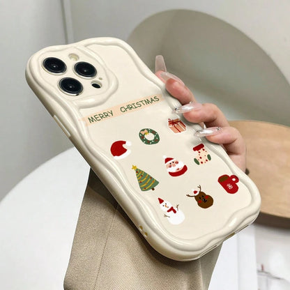 Cream White Wavy Border Christmas Phone Case, Cartoon Santa Claus Christmas Tree Snowman Reindeer Hand-Drawn Full Coverage Shockproof Shell, Wavy Border Design, Macaron Color, Shock-Absorbing, Lightwe