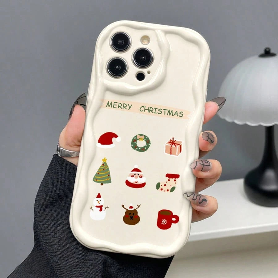 Cream White Wavy Border Christmas Phone Case, Cartoon Santa Claus Christmas Tree Snowman Reindeer Hand-Drawn Full Coverage Shockproof Shell, Wavy Border Design, Macaron Color, Shock-Absorbing, Lightwe