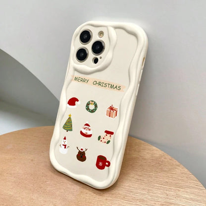 Cream White Wavy Border Christmas Phone Case, Cartoon Santa Claus Christmas Tree Snowman Reindeer Hand-Drawn Full Coverage Shockproof Shell, Wavy Border Design, Macaron Color, Shock-Absorbing, Lightwe