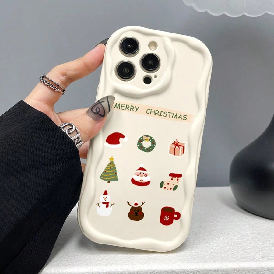 Cream White Wavy Border Christmas Phone Case, Cartoon Santa Claus Christmas Tree Snowman Reindeer Hand-Drawn Full Coverage Shockproof Shell, Wavy Border Design, Macaron Color, Shock-Absorbing, Lightwe