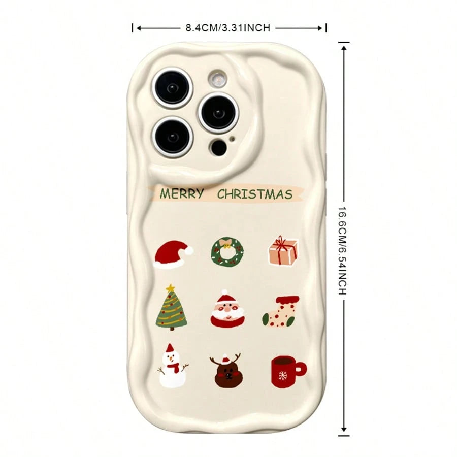 Cream White Wavy Border Christmas Phone Case, Cartoon Santa Claus Christmas Tree Snowman Reindeer Hand-Drawn Full Coverage Shockproof Shell, Wavy Border Design, Macaron Color, Shock-Absorbing, Lightwe