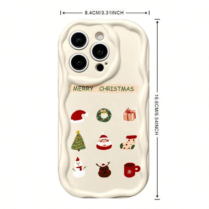 Cream White Wavy Border Christmas Phone Case, Cartoon Santa Claus Christmas Tree Snowman Reindeer Hand-Drawn Full Coverage Shockproof Shell, Wavy Border Design, Macaron Color, Shock-Absorbing, Lightwe