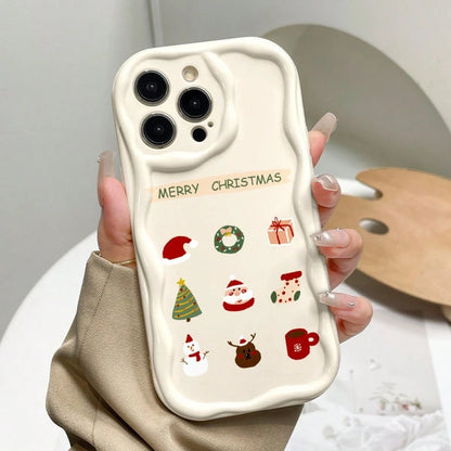 Cream White Wavy Border Christmas Phone Case, Cartoon Santa Claus Christmas Tree Snowman Reindeer Hand-Drawn Full Coverage Shockproof Shell, Wavy Border Design, Macaron Color, Shock-Absorbing, Lightwe