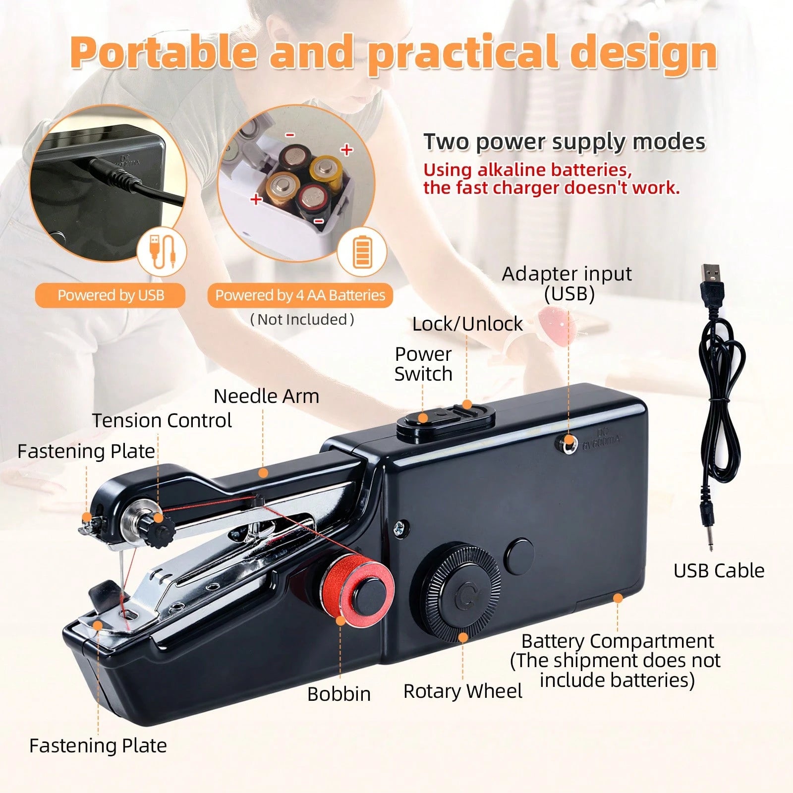 CS-101B Portable Handheld Electric Sewing Machine, Suitable For DIY Sewing, Fabrics, Garments, Travel, Home Use, USB Or AA Battery Powered, Easy To Use, Ideal For Beginners, Compact Size 8.2"X2.7"X1.2