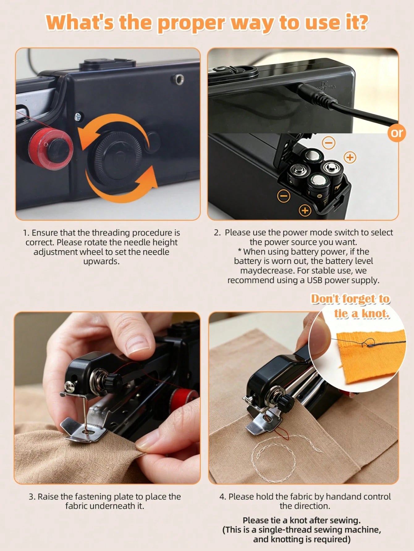 CS-101B Portable Handheld Electric Sewing Machine, Suitable For DIY Sewing, Fabrics, Garments, Travel, Home Use, USB Or AA Battery Powered, Easy To Use, Ideal For Beginners, Compact Size 8.2"X2.7"X1.2