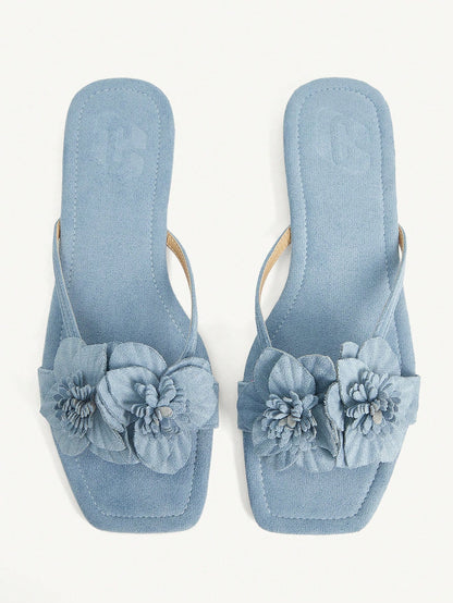 CUCCOO CHICEST Women's Summer New 3D Iris Flower Square Toe Flat Elegant Casual Light Blue Faux Suede Flat Sandals, Comfortable Beach Shoes, Afternoon Tea Outfit, Holiday Hawaii Beach Style For Christ