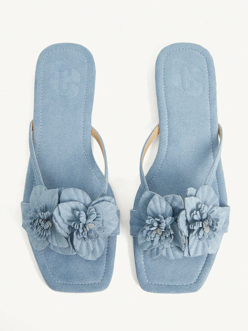 CUCCOO CHICEST Women's Summer New 3D Iris Flower Square Toe Flat Elegant Casual Light Blue Faux Suede Flat Sandals, Comfortable Beach Shoes, Afternoon Tea Outfit, Holiday Hawaii Beach Style For Christ