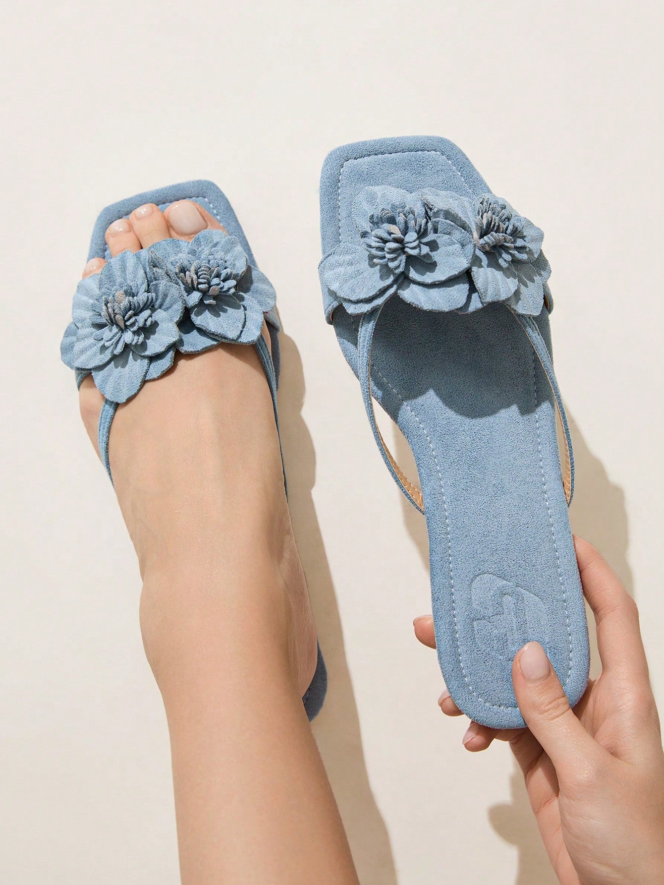 CUCCOO CHICEST Women's Summer New 3D Iris Flower Square Toe Flat Elegant Casual Light Blue Faux Suede Flat Sandals, Comfortable Beach Shoes, Afternoon Tea Outfit, Holiday Hawaii Beach Style For Christ