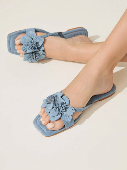 CUCCOO CHICEST Women's Summer New 3D Iris Flower Square Toe Flat Elegant Casual Light Blue Faux Suede Flat Sandals, Comfortable Beach Shoes, Afternoon Tea Outfit, Holiday Hawaii Beach Style For Christ