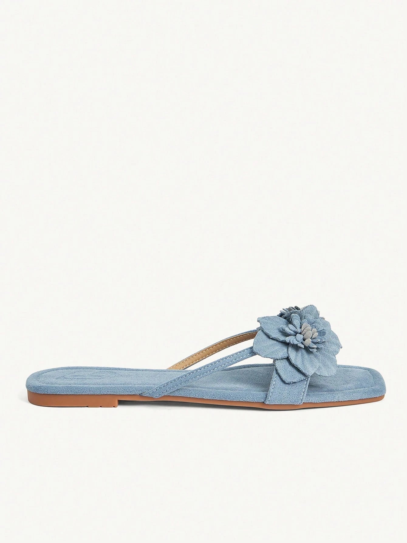 CUCCOO CHICEST Women's Summer New 3D Iris Flower Square Toe Flat Elegant Casual Light Blue Faux Suede Flat Sandals, Comfortable Beach Shoes, Afternoon Tea Outfit, Holiday Hawaii Beach Style For Christ