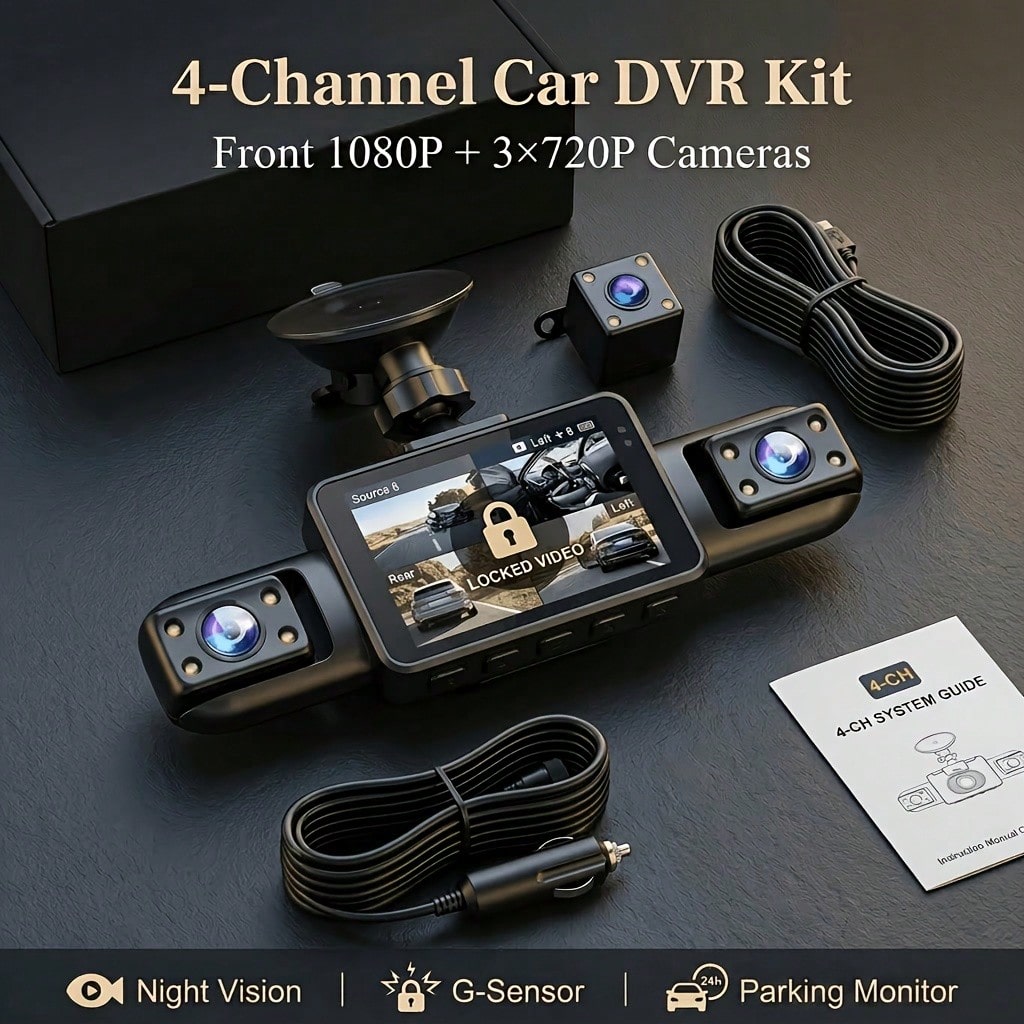 Curear 4-Channel Car DVR Kit, 1080P Front Camera + 720P Rear/Left/Right Cameras, Multi-Camera Dashcam, Gravity Sensor, Night Vision, SD Card Not Included.