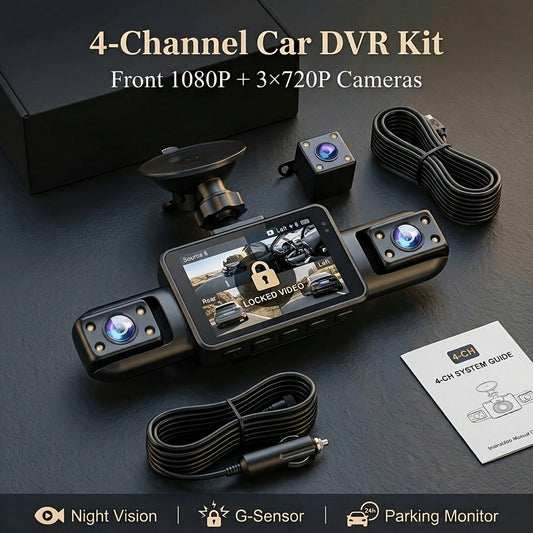Curear 4-Channel Car DVR Kit, 1080P Front Camera + 720P Rear/Left/Right Cameras, Multi-Camera Dashcam, Gravity Sensor, Night Vision, SD Card Not Included.