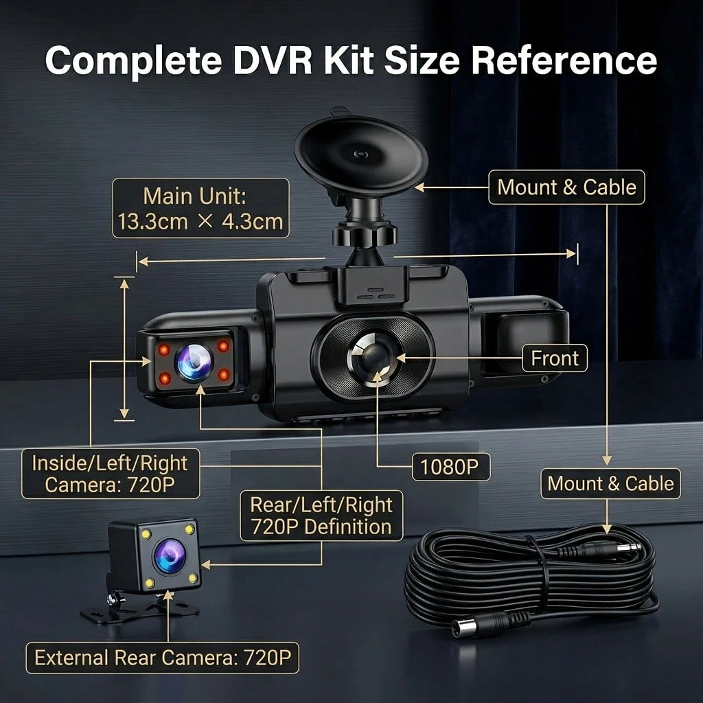 Curear 4-Channel Car DVR Kit, 1080P Front Camera + 720P Rear/Left/Right Cameras, Multi-Camera Dashcam, Gravity Sensor, Night Vision, SD Card Not Included.