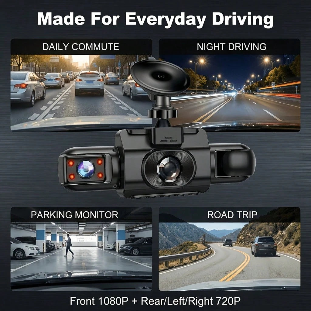 Curear 4-Channel Car DVR Kit, 1080P Front Camera + 720P Rear/Left/Right Cameras, Multi-Camera Dashcam, Gravity Sensor, Night Vision, SD Card Not Included.